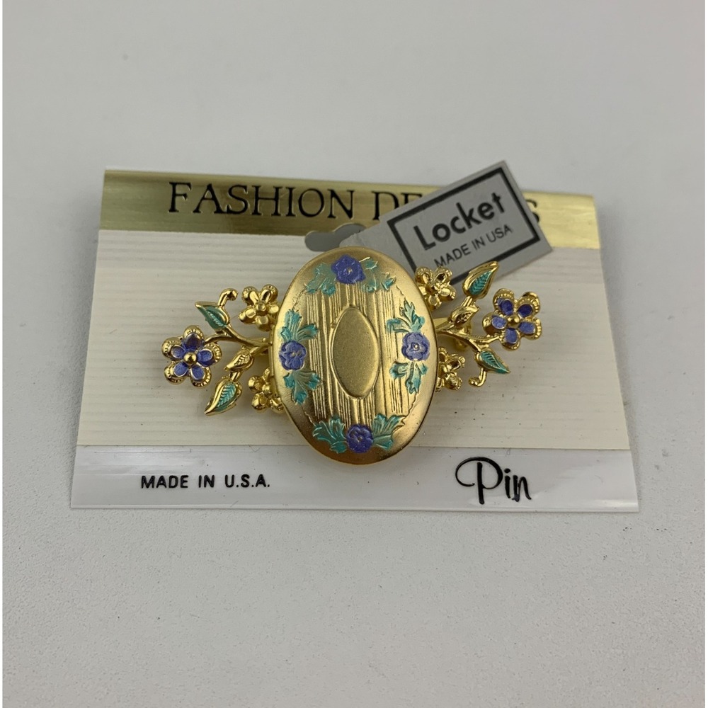 Vintage Gold Toned Oval Shaped Blue Floral Locket Brooch Pin USA NOS